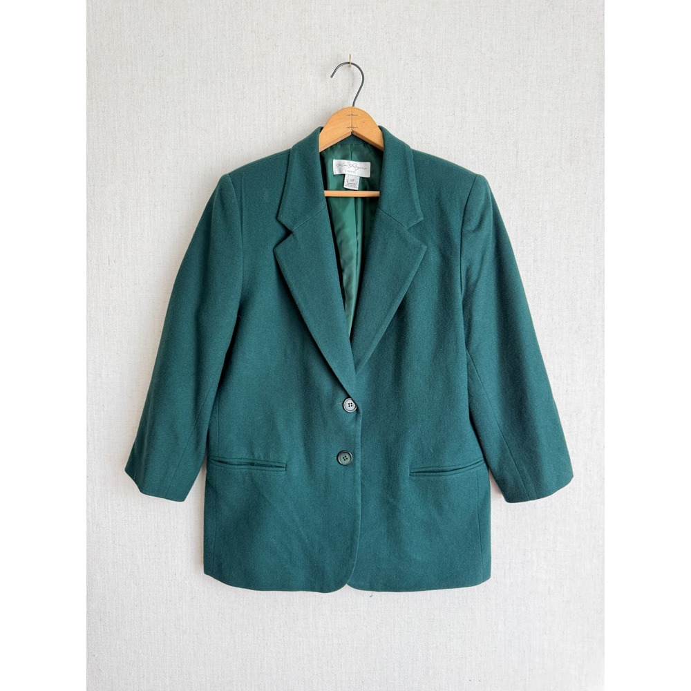 Kim Rogers Petite Womens 100% Wool Blazer Forest Green Two Button Jacket 14P